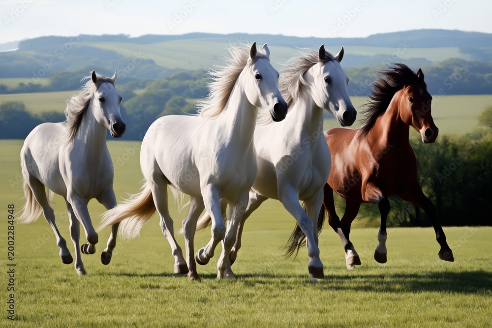 Obraz premium Horses Run Through a Green Field Under a Clear Sky During Daytime in a Rural Area