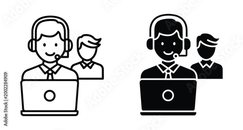 Customer service representative icon set featuring male call center agent with headset and laptop for online support and technical assistance