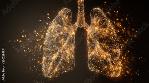 Digital wireframe of human lungs with glowing golden particles