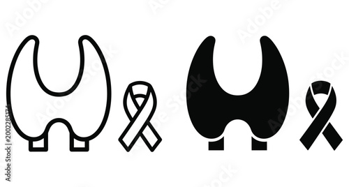 Thyroid gland and awareness ribbon icons in outline and solid styles for medical health endocrinology and cancer prevention awareness campaigns