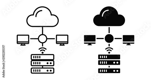 Cloud computing network icon set with server racks computer monitors and data storage connection symbols for web design and technology