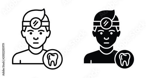 Dentist icon set featuring male dental professional wearing head mirror with tooth symbol in outline and solid glyph vector styles