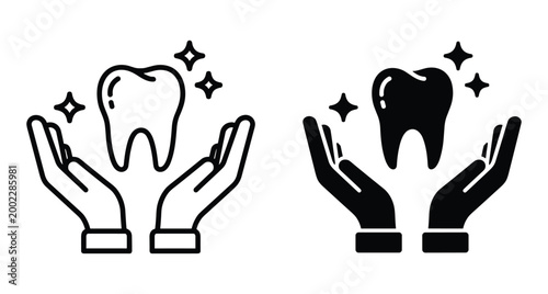 Dental care icon set showing hands protecting a tooth with sparkles in outline and solid black silhouette style for dentistry