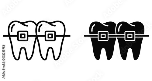 Dental braces on teeth icons set representing orthodontic treatment for straight smile alignment and oral health care medical procedure