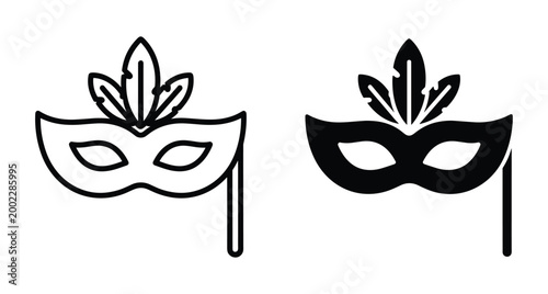 Masquerade mask icon set with feathers and stick for carnival party festival celebration event venetian ball theater performance costume