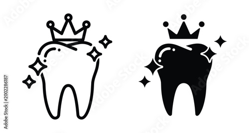 Dental crown icon set featuring shiny tooth with king crown and sparkles for dentistry clinic branding and oral health care