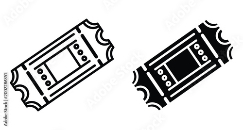 Ticket icon set with outline and solid versions for cinema movie theater concert event entry pass admission voucher coupon graphic