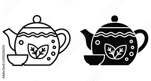 Teapot icon set with tea leaves and cup in outline and solid black style for kitchen cafe and restaurant menu