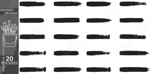 Collection of 20 straight black brush strokes, horizontal ink lines and textured vector paint banners.