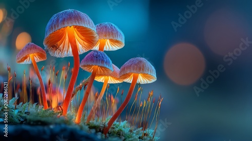 Glowing mushrooms grow on mossy forest floor with vibrant orange stems and blue caps in a mystical natural scene