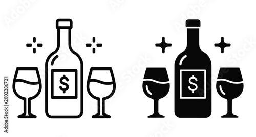 Wine bottle with dollar sign label and two glasses icon set representing expensive alcohol prices restaurant menu costs and beverage sales