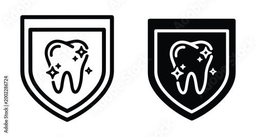 dental protection icons showing shiny tooth inside shield symbol for oral health care hygiene and strong enamel security set