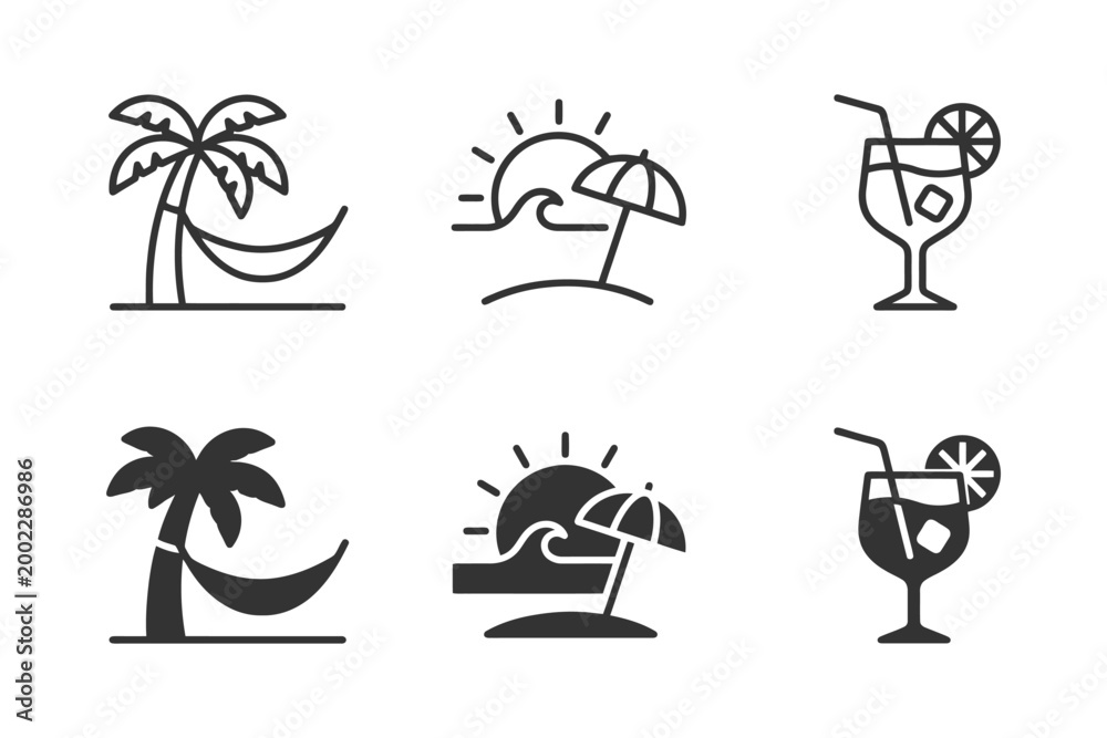 Fototapeta premium Minimalist beach icons: palm trees, sunsets, and cocktails in simple line art.