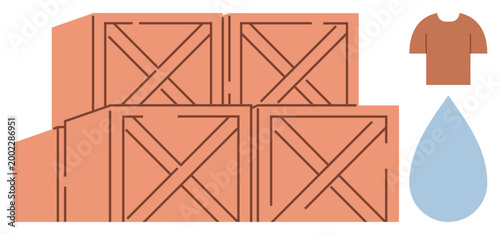 Logistics, supply chain, storage, distribution, sustainability, resource management. Stacked wooden crates with shirt and water droplet icons. Logistics and supply chain concept