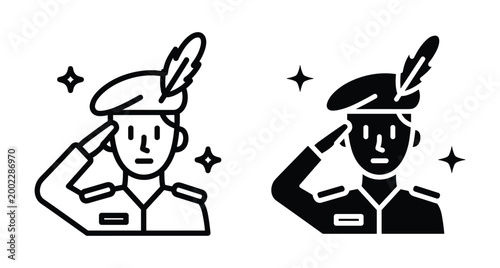 Soldier saluting icon set featuring military officer in uniform with beret and feather in line and solid glyph style design