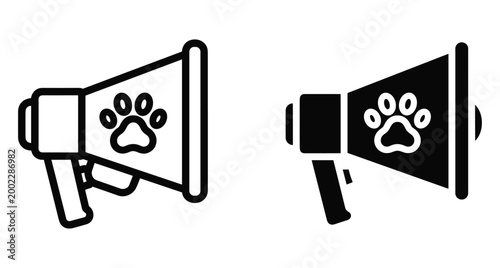 Megaphone icon with animal paw print for pet adoption announcement veterinary clinic marketing and animal rescue awareness campaign graphic elements