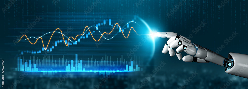 Obraz premium A robotic hand reaches out to engage with a digital stock market chart, symbolizing the intersection of technology and finance in modern trading and analysis. Scalp