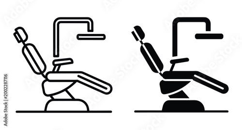 Dental chair icon set featuring outline and solid glyph styles for dentistry clinic medical equipment and patient examination furniture