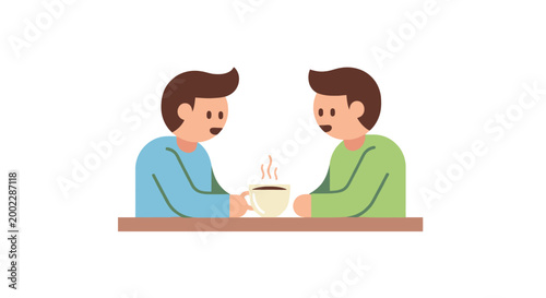 Two men sitting at a table with coffee.