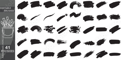Large collection of 41 assorted black brush strokes, dirty paint smears and grunge ink splatters.