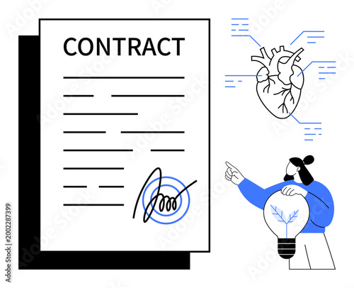 Legal agreements, medical innovation, education, intellectual property, creativity, teamwork. Contract with signature, heart diagram person with lightbulb. Legal agreements and medical innovation