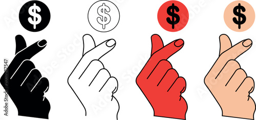 Dollar sign hand gestures silhouette variations isolated on transparent background