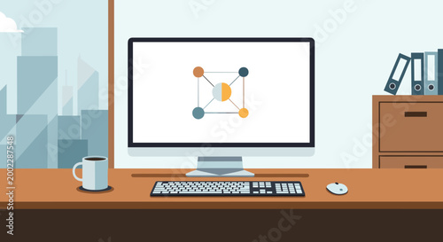 A modern office desk with a computer and molecular design on screen