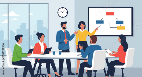A group of business professionals engaged in a meeting with a flowchart presentation