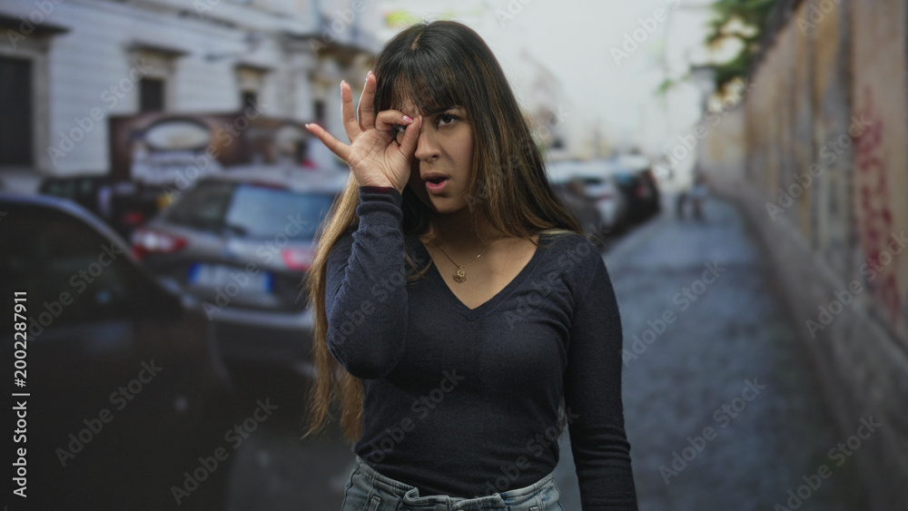 Fototapeta premium Young hispanic woman forms ok sign over eye with right hand on a narrow city street beside parked cars while smiling and looking upward; playful curiosity.