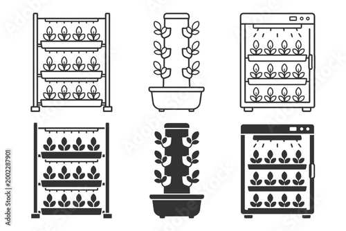 Indoor hydroponic systems: vertical farming, tower gardens, plant growers.