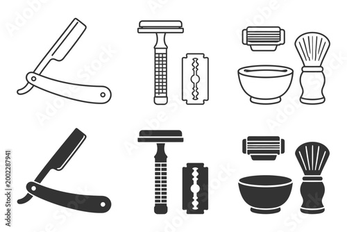 Vintage and modern shaving tools collection with razors and brushes.