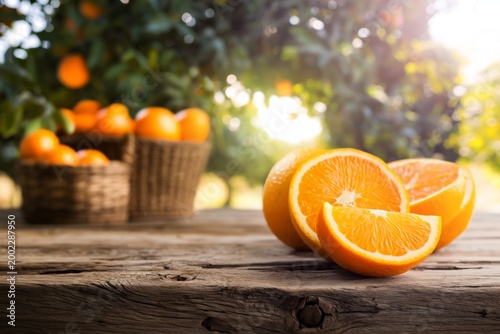 Sliced Oranges on a Wooden Table With Baskets in an Orchard During a Sunny Day