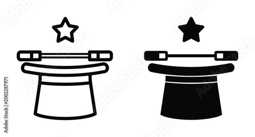 Magician top hat with magic wand and star icon set in outline and solid black style for circus performance show