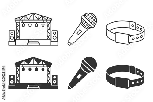 Concert stage, microphone, and belt icons in black and white illustration.
