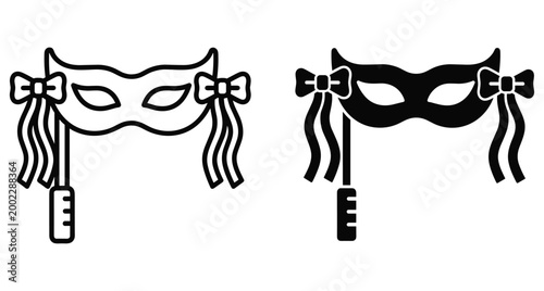 Masquerade mask icon set with stick and ribbon bows for carnival party celebration event festival ball theater performance costume disguise