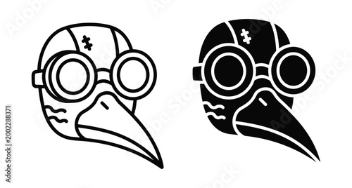 Plague doctor mask icon set with steampunk goggles and long beak in black and white outline and solid silhouette styles