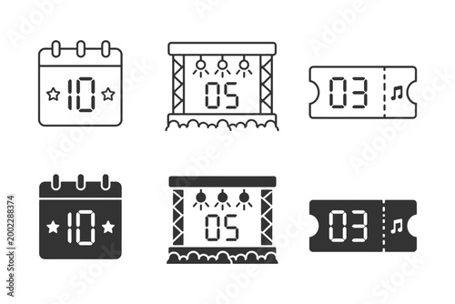 Event icon set: calendar, stage, ticket designs in black and white.