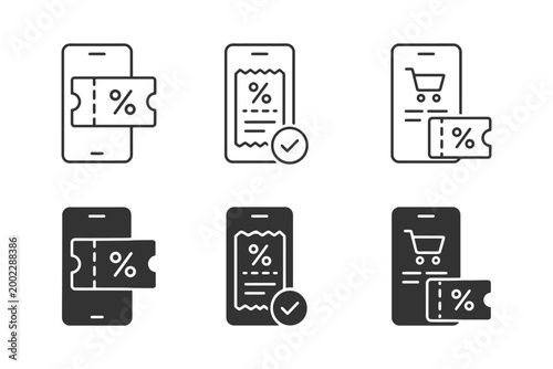 Mobile discount icons for tickets, receipts, and shopping carts in black and white.