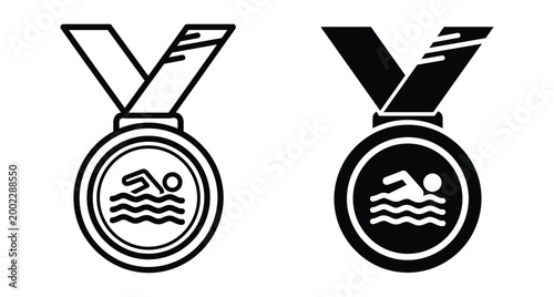 Swimming competition medal icons set featuring swimmer silhouette on water waves with ribbon for sports achievement award and victory recognition