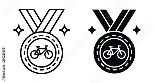 Bicycle race winner medal icons set with ribbon and stars for cycling competition achievement award in outline and solid style