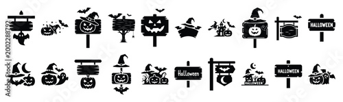 Collection of  halloween sign silhouette design element art. Happy Halloween Vector  silhouette icons.