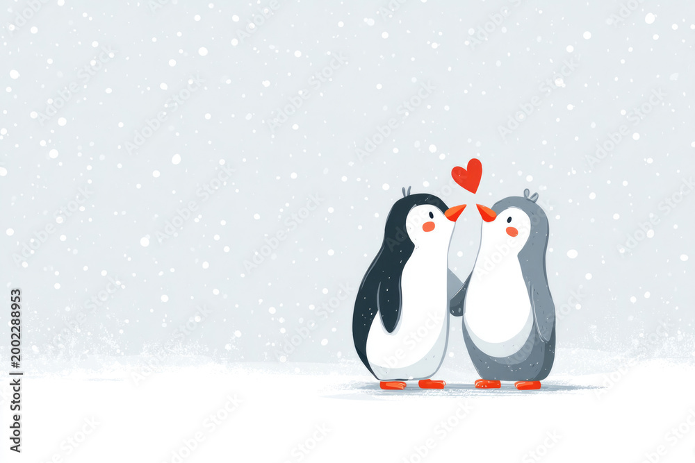 Obraz premium Two penguins with a love heart. Space for text.