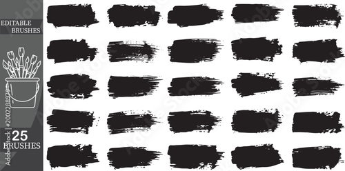 25 distressed black brush strokes and grunge paint banners, textured ink swatches for background design elements.