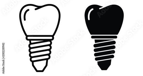 Dental implant icon set showing screw and crown for tooth replacement surgery stomatology dentistry medical healthcare services oral hygiene and prosthetic care
