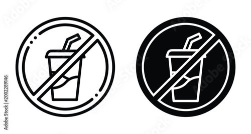 No drinks allowed sign icon set with beverage cup and straw inside prohibition circle for public areas and rules