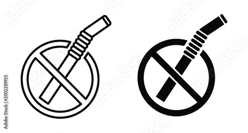 No plastic straw sign icon set with prohibition circle symbol for environmental protection waste reduction and ocean pollution prevention campaign