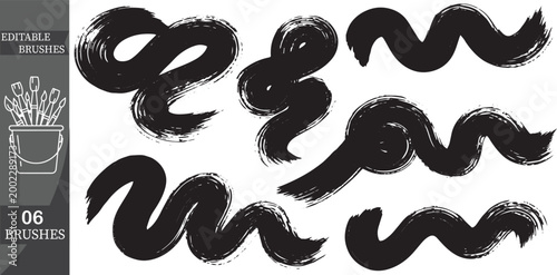 Set of 6 dynamic wavy black brush strokes, curved ink lines and expressive paint swishes for modern graphics.