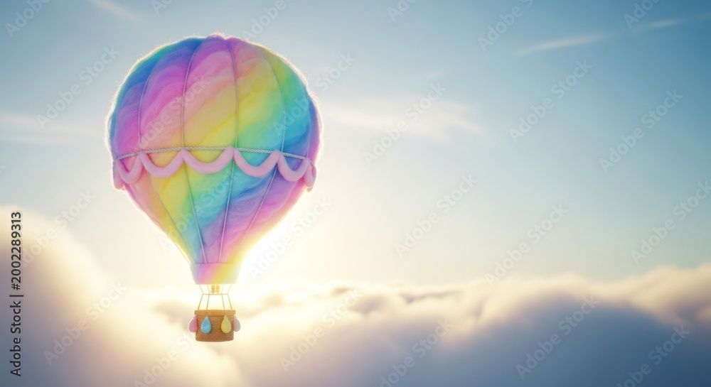 Obraz premium Pastel rainbow hot air balloon floats serenely above clouds at golden hour, evoking fantasy and imagination