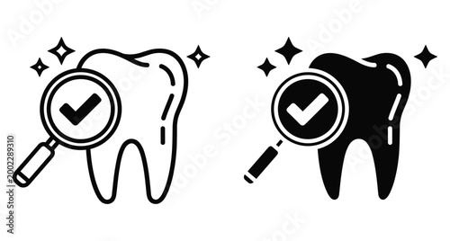 Dental checkup icon set showing tooth inspection with magnifying glass and checkmark for healthy oral hygiene and professional dentistry services
