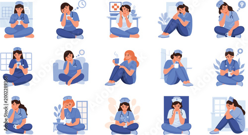 Sad tired nurse character set with stethoscope and coffee mugs in flat vector illustration